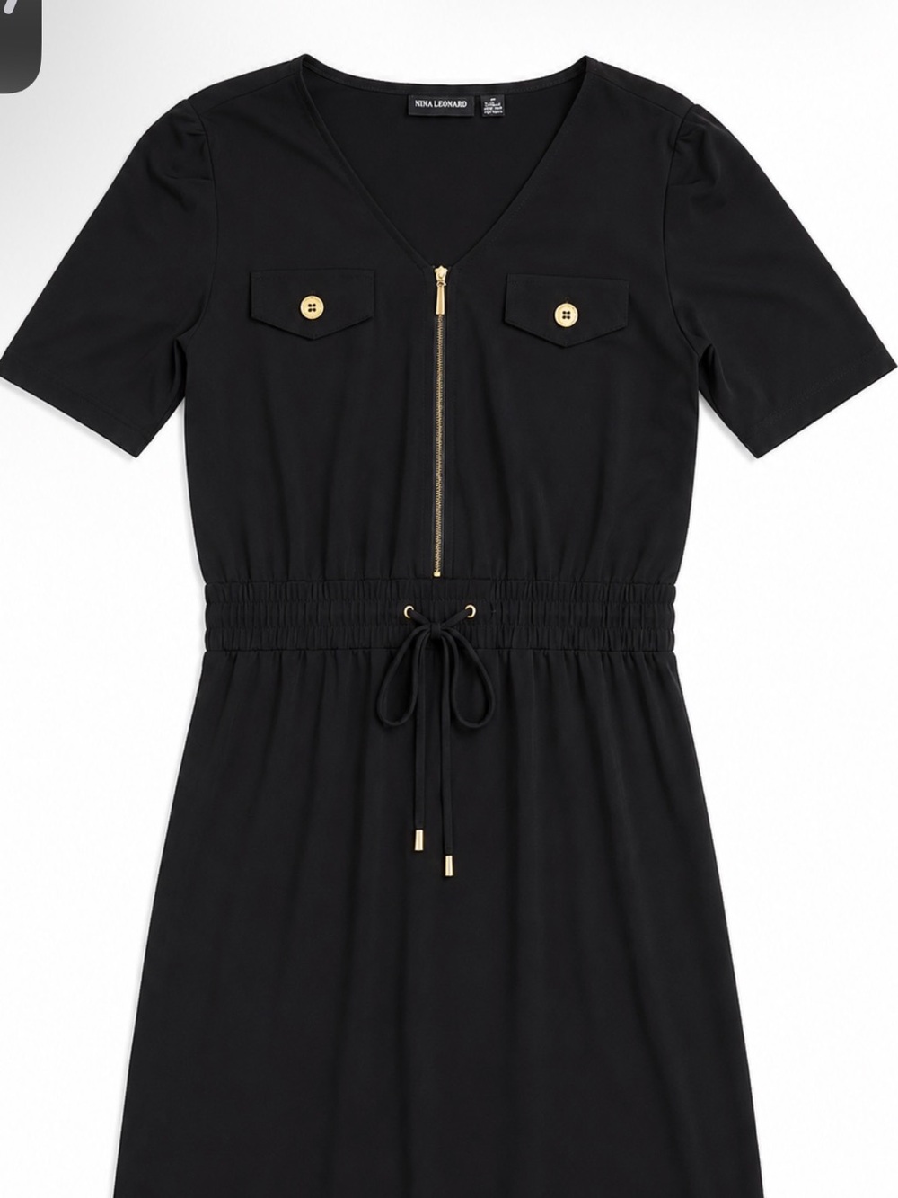 Nina Leonard Black Midi Dress with Gold Accents